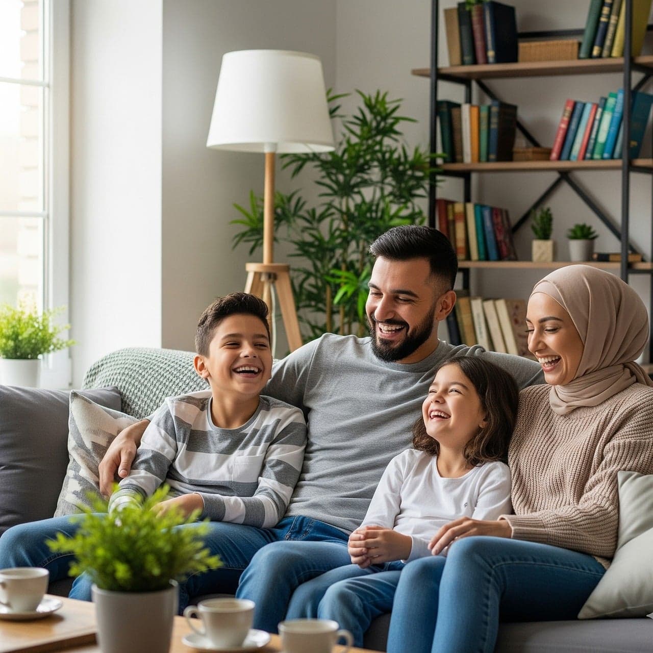A family laughing together on the sofa at home