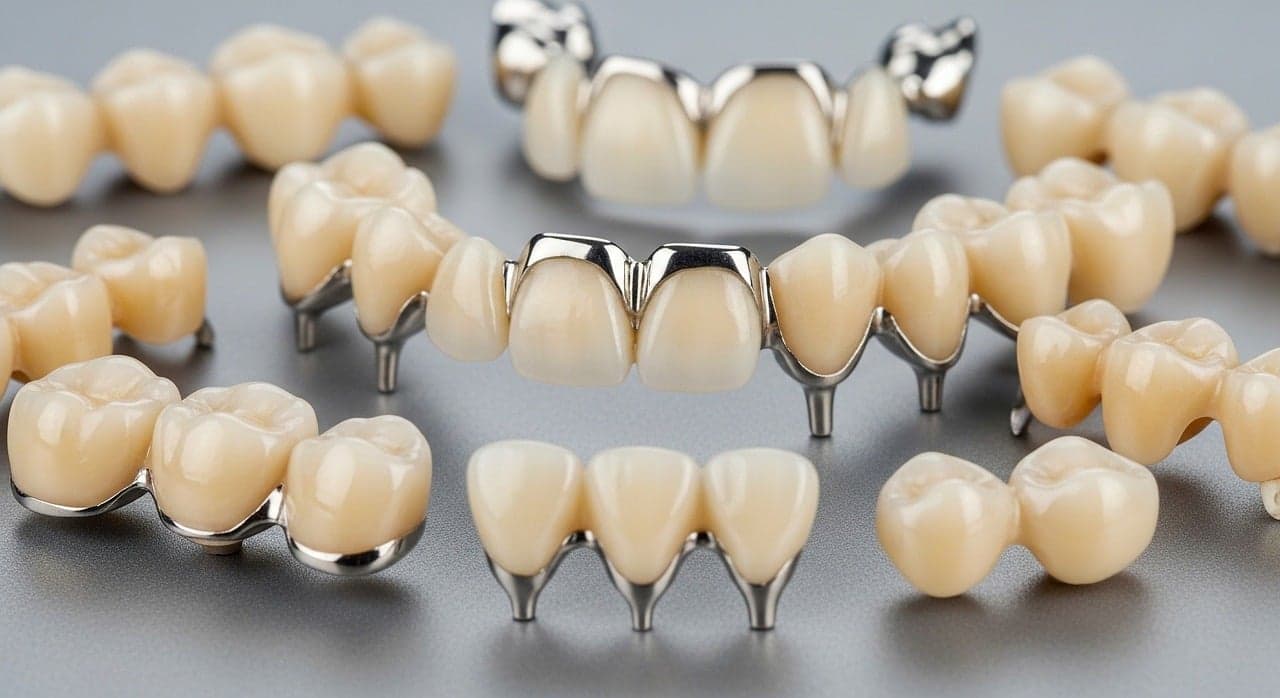 Porcelain crowns and bridges on a lab bench