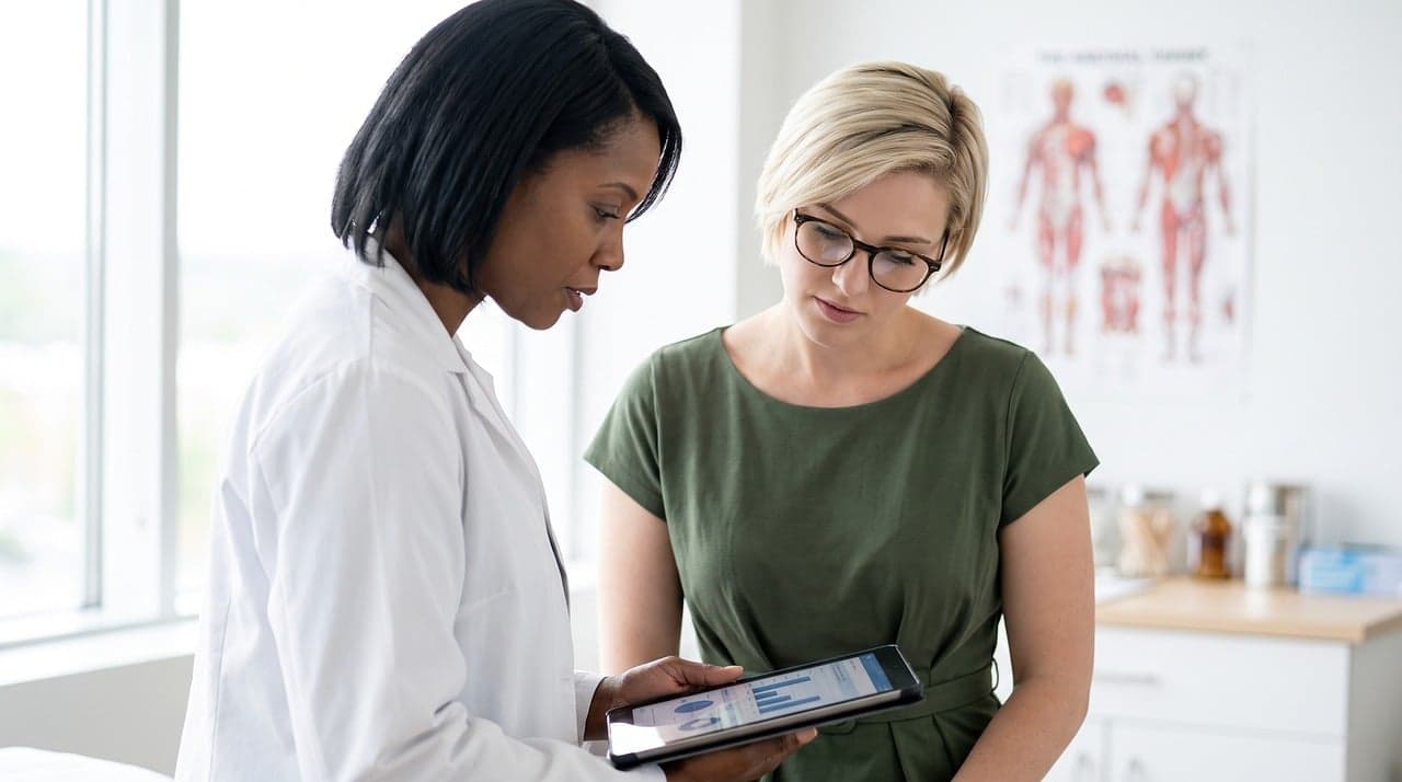 A dentist talking a patient through her treatment plan on a tablet